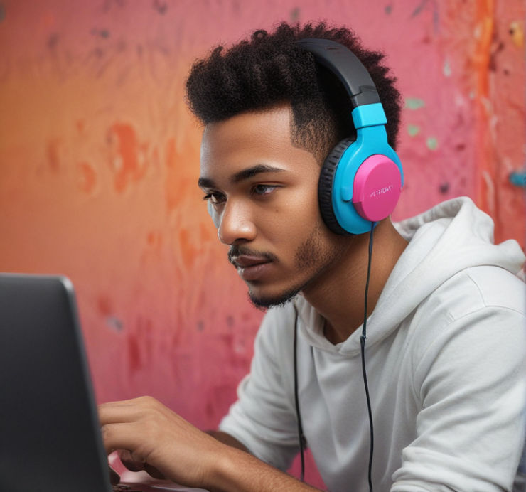A graphic artist wears colorful gaming headphones while using Photoshop.