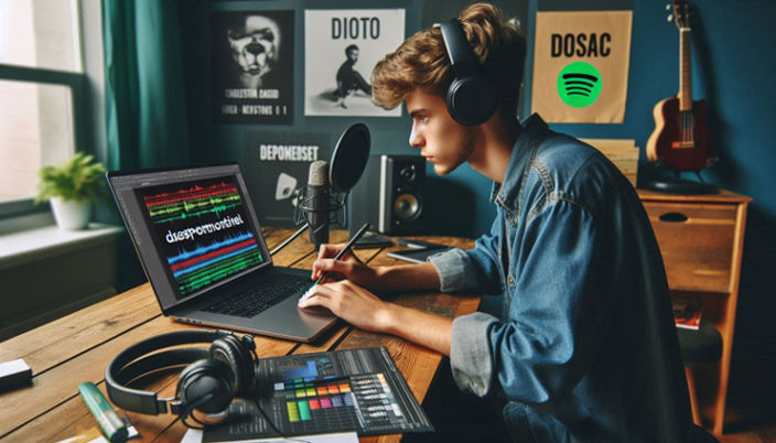 A young music artist in a home studio, editing a striking Spotify promotional banner in Photoshop on a laptop.