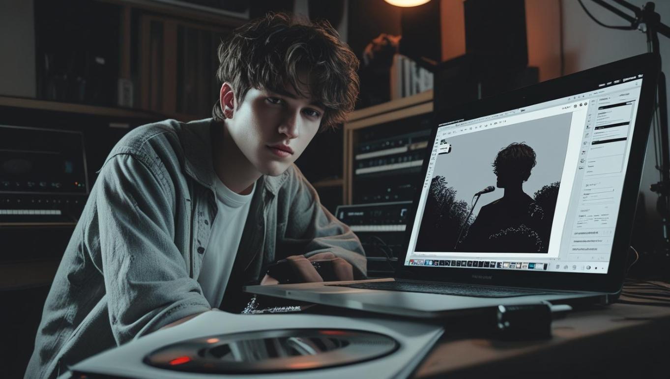 Musician designs website and digital art in moody, dimly lit home studio.