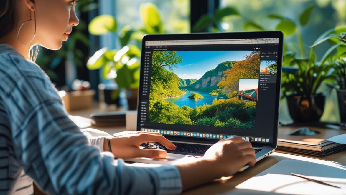 Influencer edits travel photos on laptop by window with natural daylight.