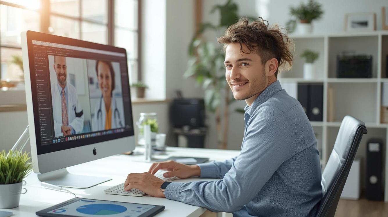 Healthcare marketer edits visual content on computer inside bright modern creative workspace today.