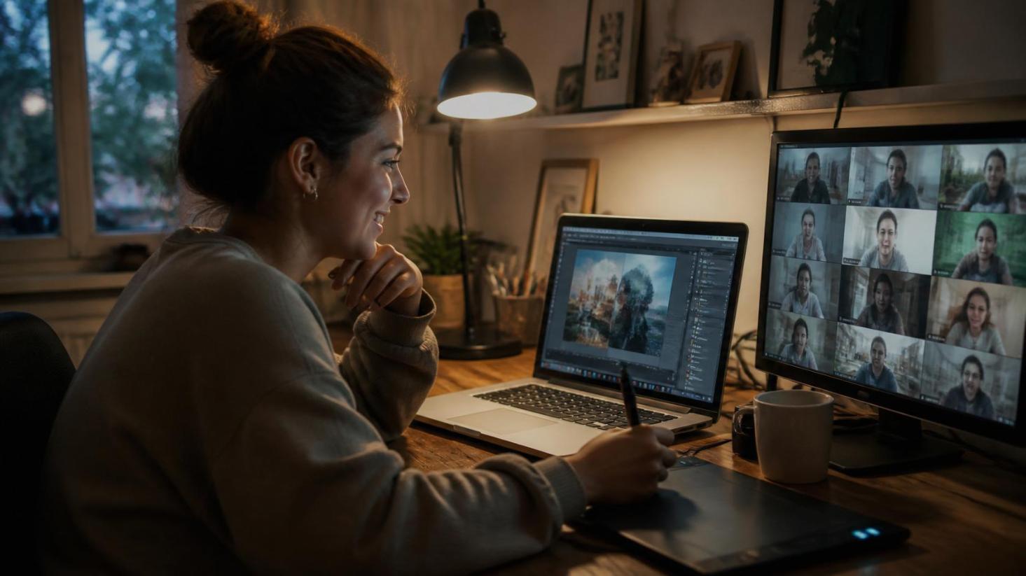 Beginner joyfully edits photos at home while joining a live tutorial call.