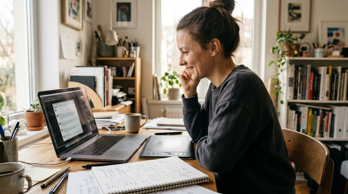 A designer enjoying free upvotes after sharing a clear Photoshop tutorial with the community.