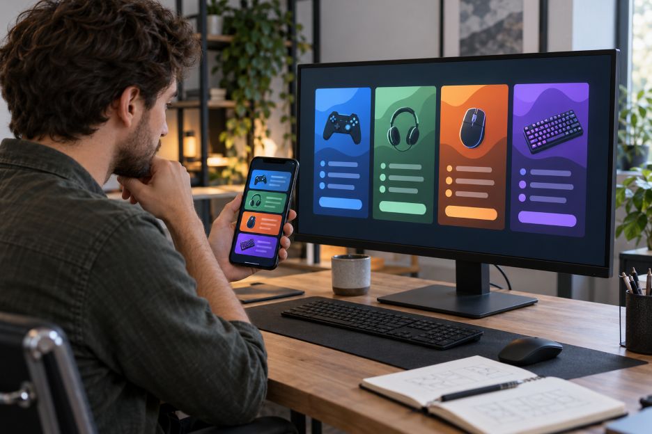 designer checking the same gaming comparison layout on a desktop monitor and smartphone